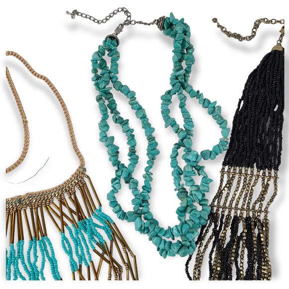 Lot 4 boho style multistrand necklaces glass beads shell turquoise - Picture 4 of 6